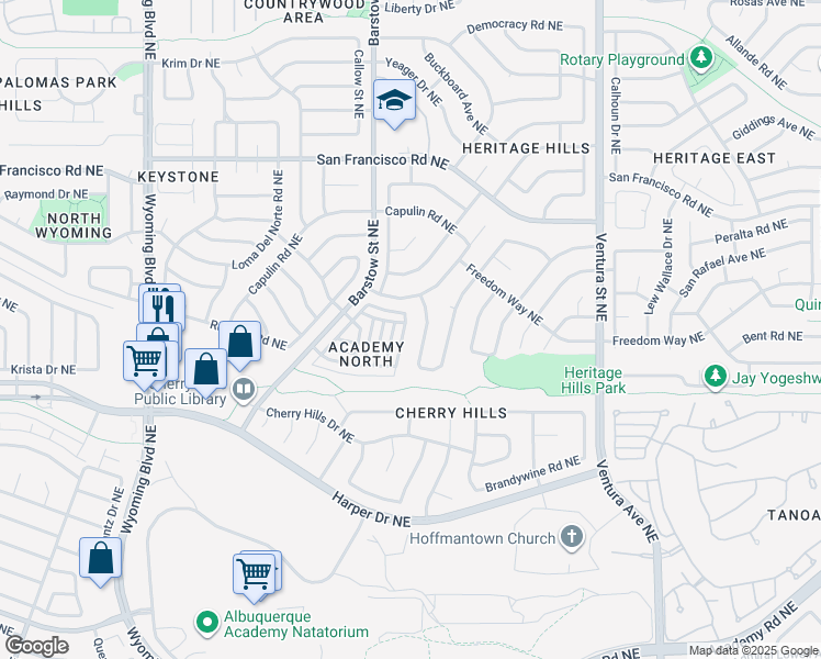 map of restaurants, bars, coffee shops, grocery stores, and more near 7216 Leslynne Drive Northeast in Albuquerque