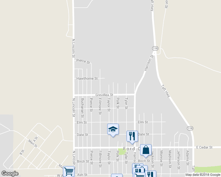 map of restaurants, bars, coffee shops, grocery stores, and more near 708 Taylor Street in Taft