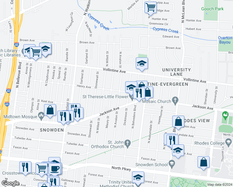 map of restaurants, bars, coffee shops, grocery stores, and more near 847 North Avalon Street in Memphis
