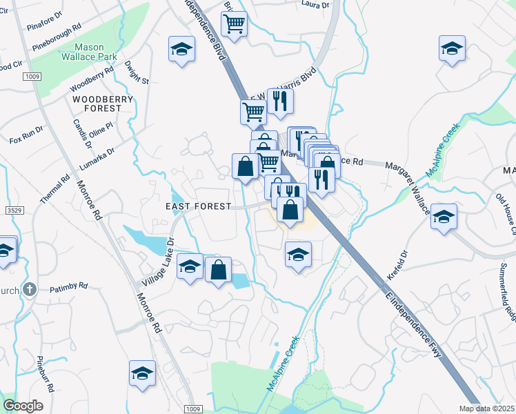 map of restaurants, bars, coffee shops, grocery stores, and more near 2234 Village Lake Drive in Charlotte