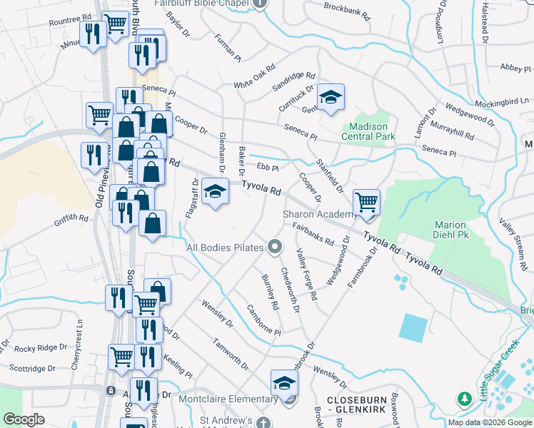 map of restaurants, bars, coffee shops, grocery stores, and more near 5229 Londonderry Road in Charlotte