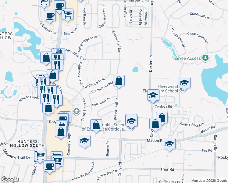 map of restaurants, bars, coffee shops, grocery stores, and more near 8321 Dunnan Cove in Memphis