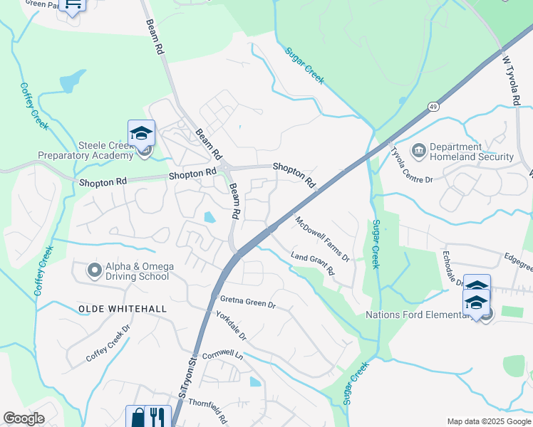 map of restaurants, bars, coffee shops, grocery stores, and more near 2329 Courtney Oaks Road in Charlotte