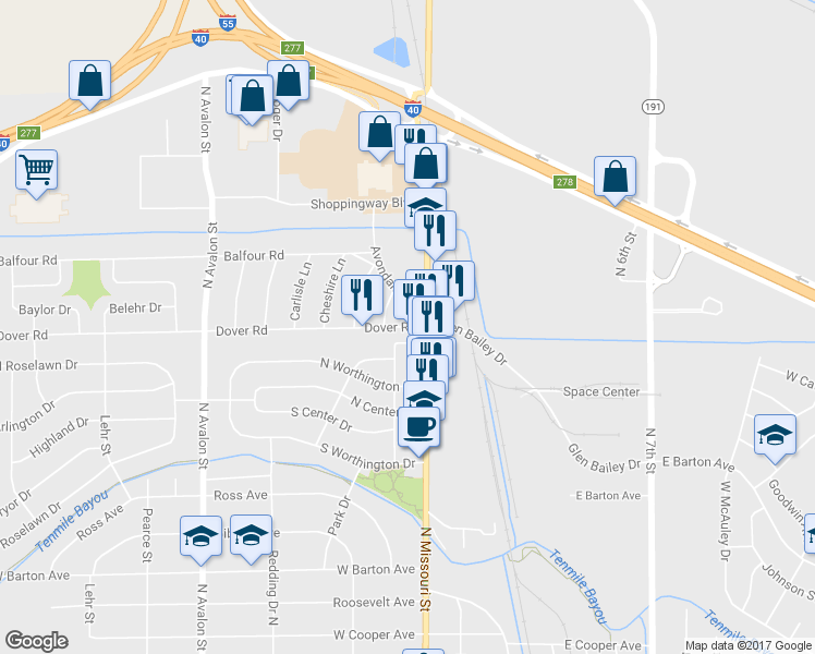 map of restaurants, bars, coffee shops, grocery stores, and more near 120 Dover Road in West Memphis