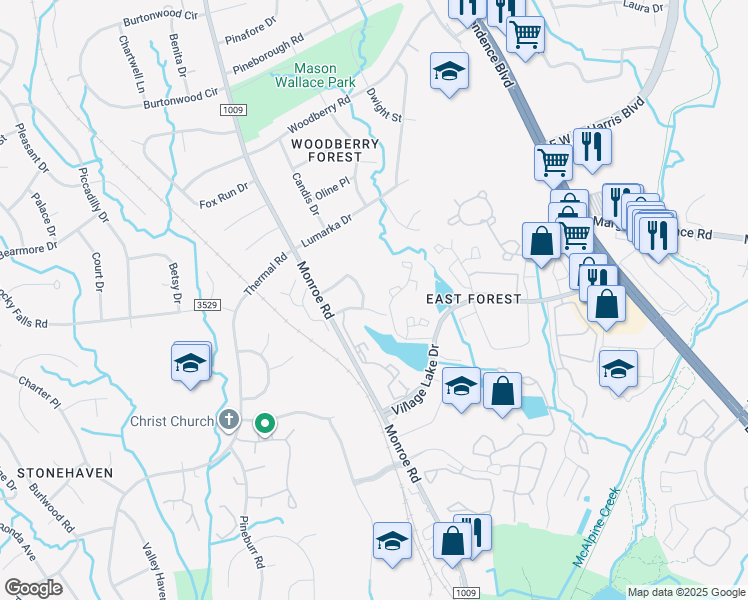 map of restaurants, bars, coffee shops, grocery stores, and more near 1801 Chasewood Drive in Charlotte