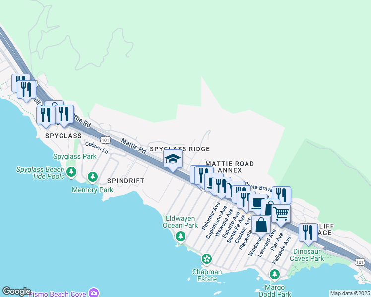 map of restaurants, bars, coffee shops, grocery stores, and more near 1933 Costa Brava in Pismo Beach