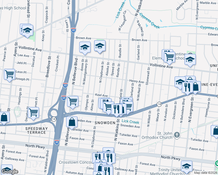 map of restaurants, bars, coffee shops, grocery stores, and more near 832 Alaska Street in Memphis