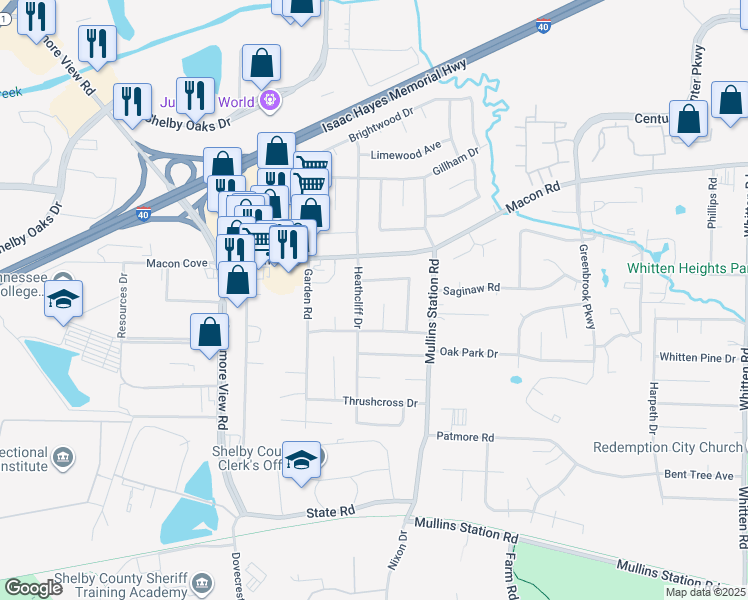 map of restaurants, bars, coffee shops, grocery stores, and more near 1333 Merimac Cove in Memphis