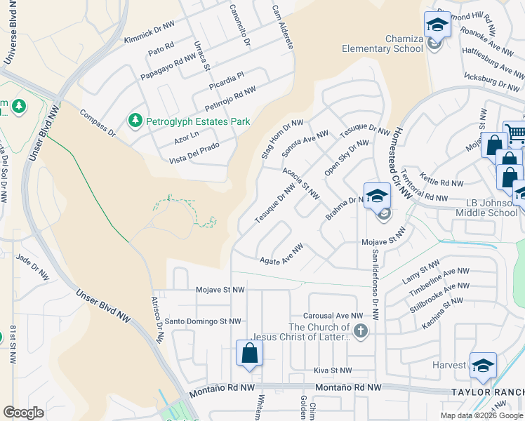 map of restaurants, bars, coffee shops, grocery stores, and more near 6824 Stag Horn Drive Northwest in Albuquerque