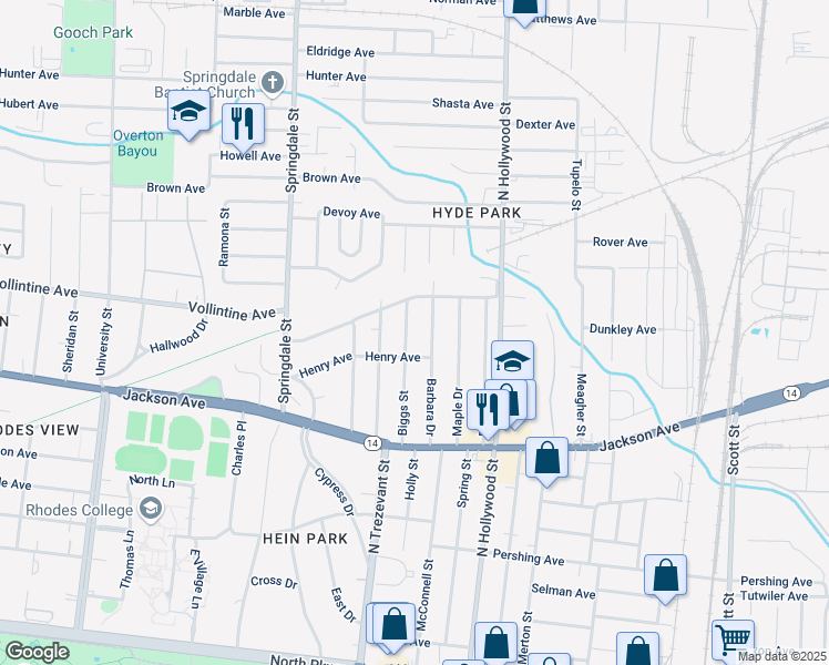 map of restaurants, bars, coffee shops, grocery stores, and more near 938 Biggs Street in Memphis