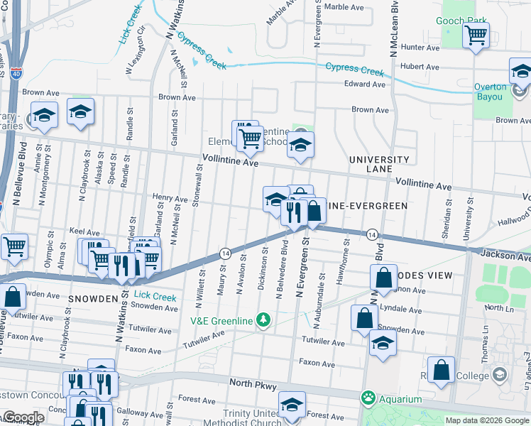 map of restaurants, bars, coffee shops, grocery stores, and more near 840 Dickinson Street in Memphis