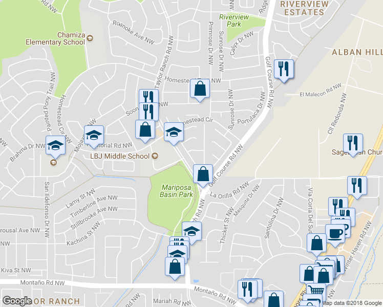 map of restaurants, bars, coffee shops, grocery stores, and more near 4820 Mesa Terraza Place Northwest in Albuquerque
