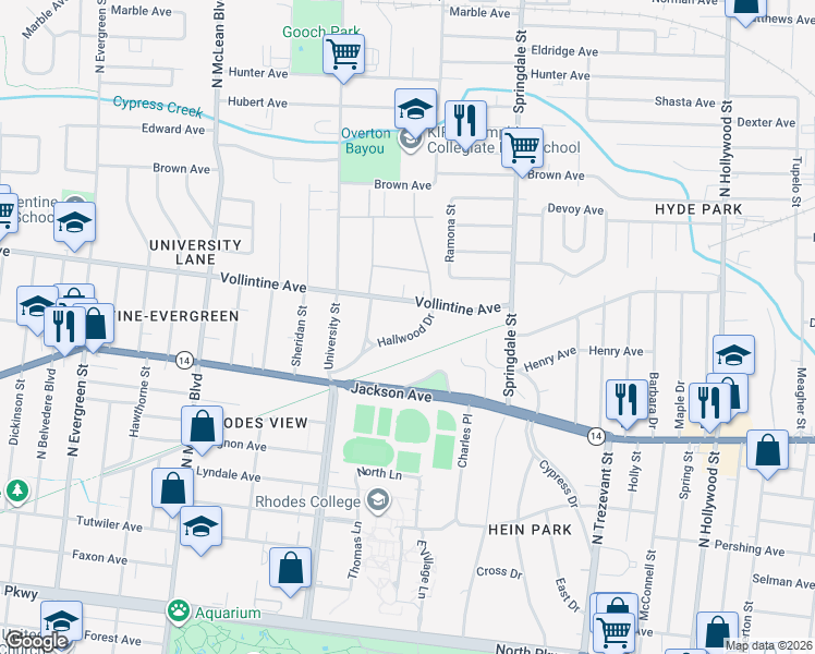 map of restaurants, bars, coffee shops, grocery stores, and more near 2088 Hallwood Drive in Memphis