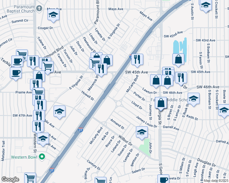 map of restaurants, bars, coffee shops, grocery stores, and more near 4533 Canyon Drive in Amarillo