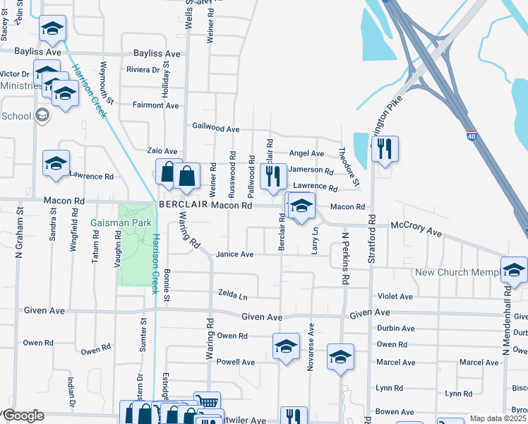 map of restaurants, bars, coffee shops, grocery stores, and more near 4455 Macon Road in Memphis