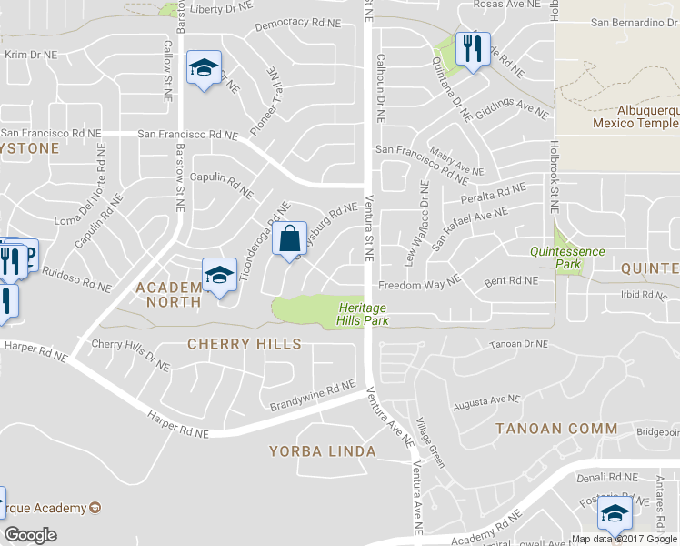 map of restaurants, bars, coffee shops, grocery stores, and more near 7304 Valley Forge Road Northeast in Albuquerque