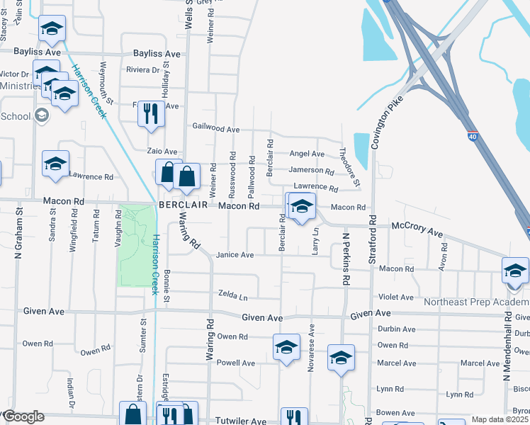 map of restaurants, bars, coffee shops, grocery stores, and more near 4433 Macon Road in Memphis
