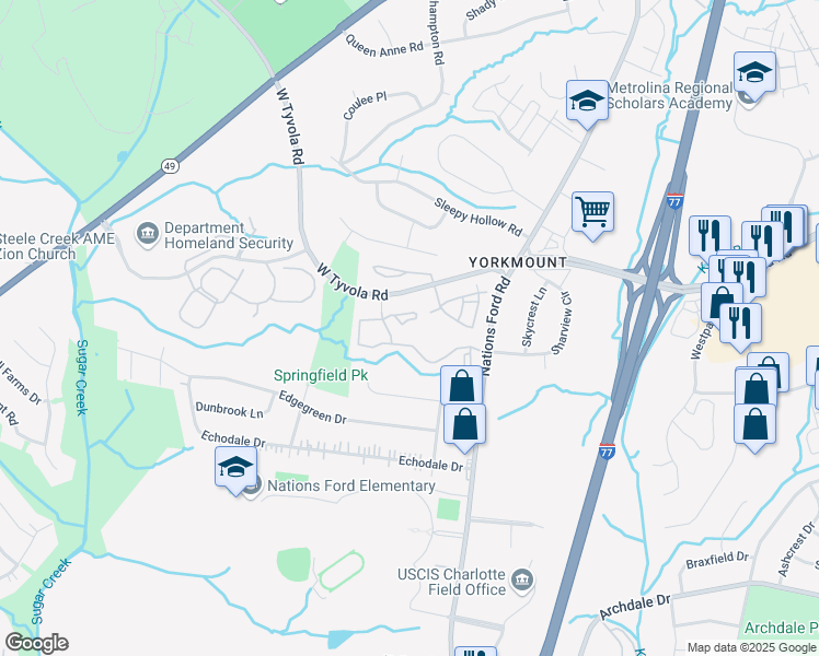 map of restaurants, bars, coffee shops, grocery stores, and more near 1111 Sharview Circle in Charlotte
