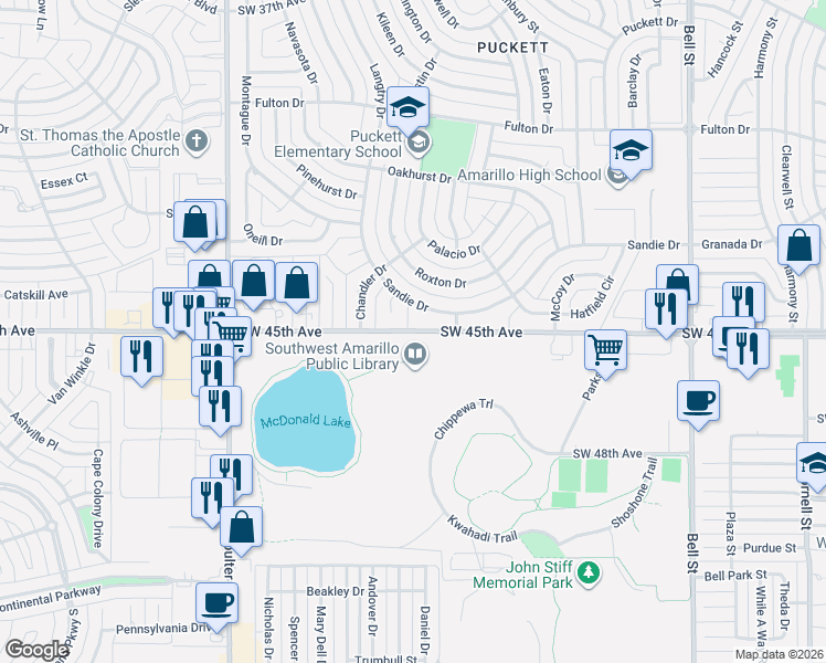 map of restaurants, bars, coffee shops, grocery stores, and more near 6743 SW 45th Ave in Amarillo