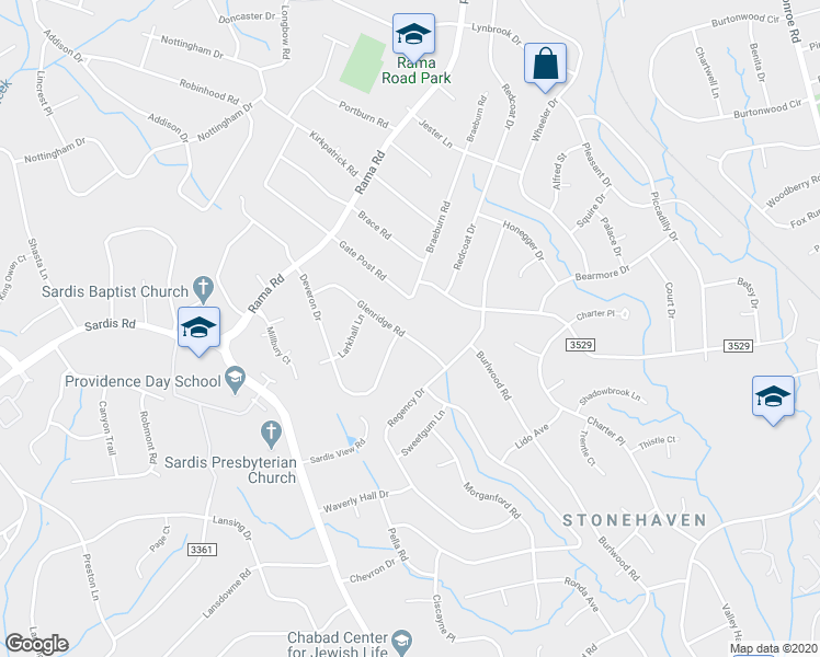 map of restaurants, bars, coffee shops, grocery stores, and more near 6201 Glenridge Road in Charlotte