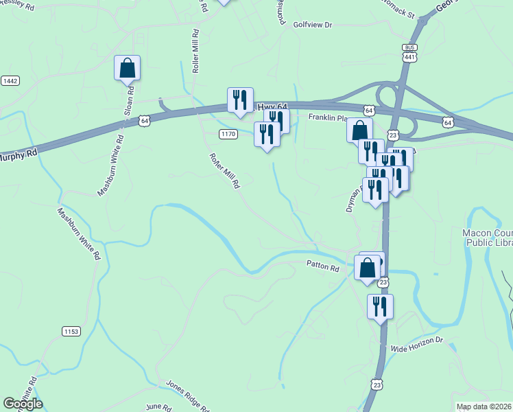 map of restaurants, bars, coffee shops, grocery stores, and more near 692 Roller Mill Road in Franklin