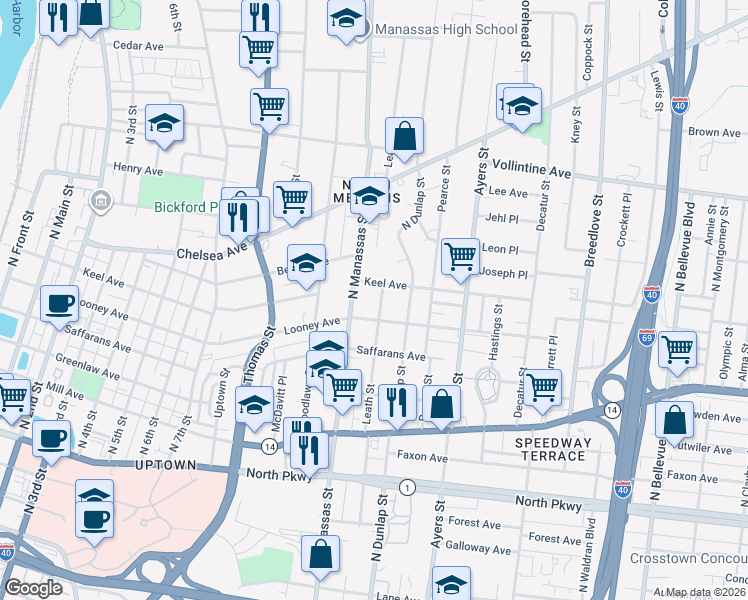 map of restaurants, bars, coffee shops, grocery stores, and more near 765 Leath Street in Memphis