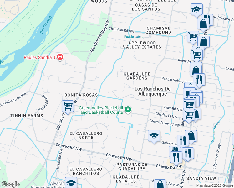 map of restaurants, bars, coffee shops, grocery stores, and more near 813 Los Prados de Guadalupe Drive in Los Ranchos de Albuquerque