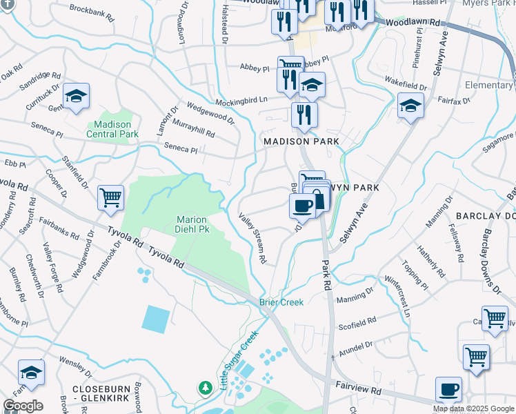 map of restaurants, bars, coffee shops, grocery stores, and more near 1325 Cortland Road in Charlotte