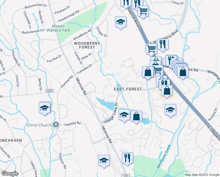 map of restaurants, bars, coffee shops, grocery stores, and more near 8041 Woodscape Drive in Charlotte