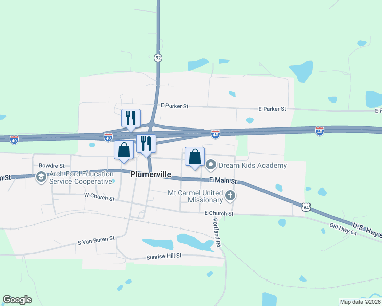map of restaurants, bars, coffee shops, grocery stores, and more near 302 Stacks Street in Plumerville