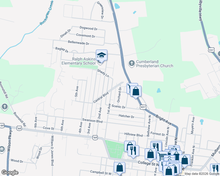 map of restaurants, bars, coffee shops, grocery stores, and more near 806 1st Avenue in Fayetteville