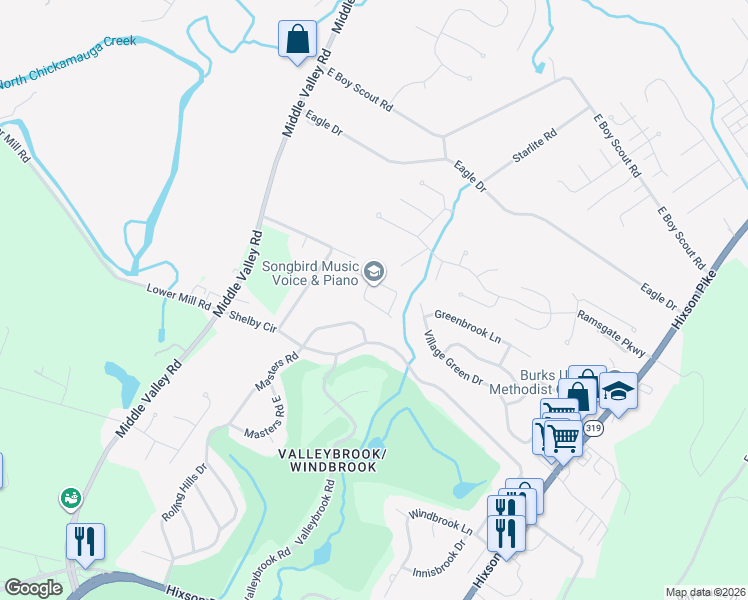 map of restaurants, bars, coffee shops, grocery stores, and more near 1624 Brandi Lane in Chattanooga