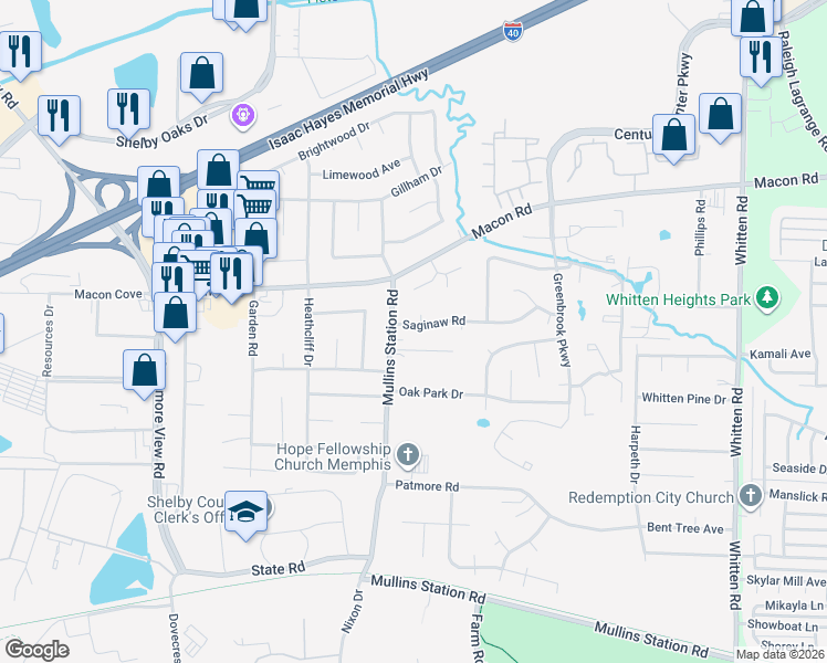map of restaurants, bars, coffee shops, grocery stores, and more near 1320 Mullins Station Road in Memphis