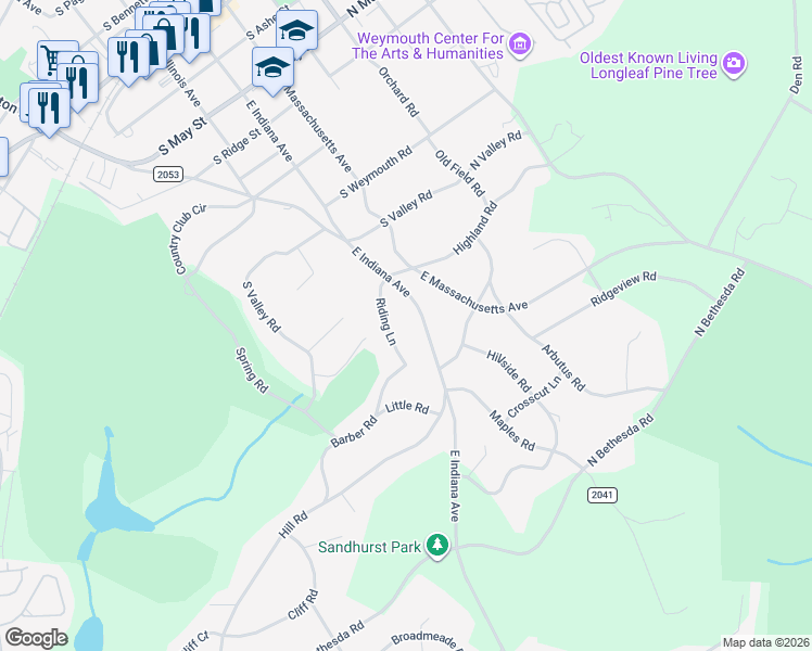 map of restaurants, bars, coffee shops, grocery stores, and more near 145 Riding Lane in Southern Pines