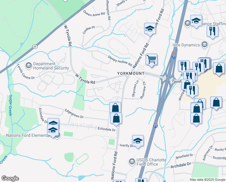 map of restaurants, bars, coffee shops, grocery stores, and more near 6416 Ansley Falls Drive in Charlotte