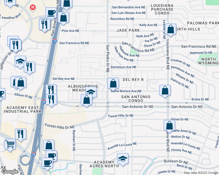 map of restaurants, bars, coffee shops, grocery stores, and more near 6401 Santa Monica Avenue Northeast in Albuquerque