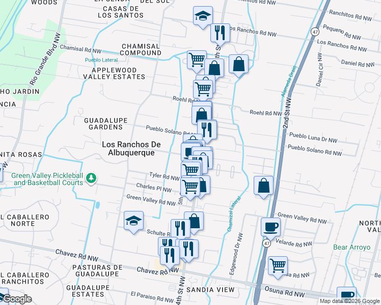 map of restaurants, bars, coffee shops, grocery stores, and more near 411 Bledsoe Road Northwest in Los Ranchos de Albuquerque