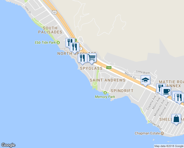 map of restaurants, bars, coffee shops, grocery stores, and more near 2580 Spyglass Drive in Pismo Beach