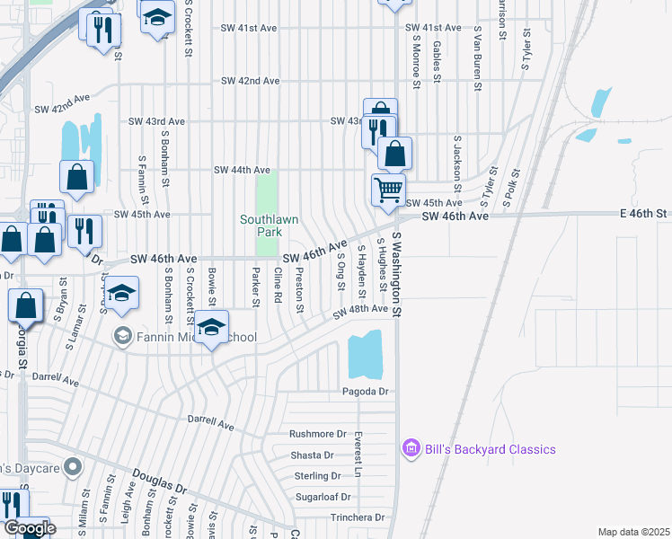map of restaurants, bars, coffee shops, grocery stores, and more near 4614 South Ong Street in Amarillo