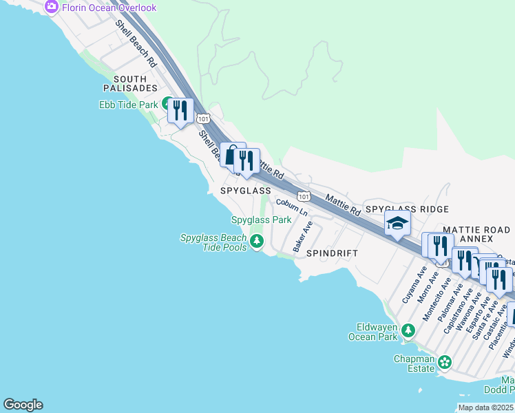 map of restaurants, bars, coffee shops, grocery stores, and more near 116 Seacliff Drive in Pismo Beach