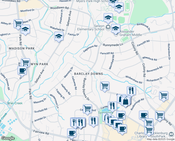 map of restaurants, bars, coffee shops, grocery stores, and more near 2527 Inverness Rd in Charlotte