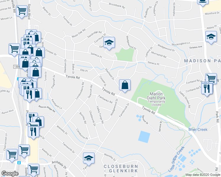 map of restaurants, bars, coffee shops, grocery stores, and more near 2033 Tyvola Road in Charlotte