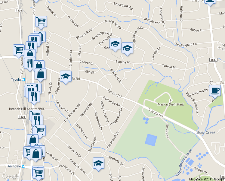 map of restaurants, bars, coffee shops, grocery stores, and more near 2006 Tyvola Road in Charlotte