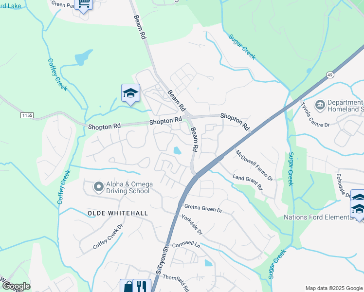 map of restaurants, bars, coffee shops, grocery stores, and more near 1825 Carrington Oaks Drive in Charlotte