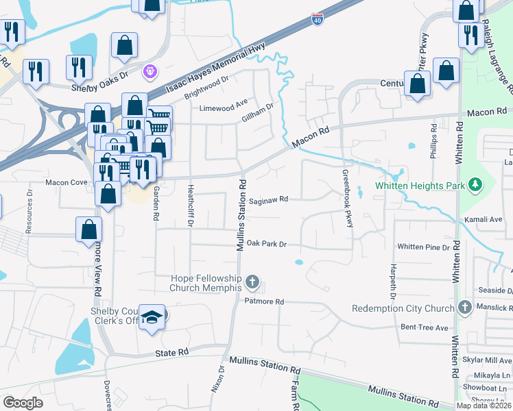 map of restaurants, bars, coffee shops, grocery stores, and more near 1320 Mullins Station Road in Memphis