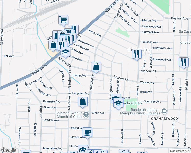 map of restaurants, bars, coffee shops, grocery stores, and more near 3440 Hardin Avenue in Memphis