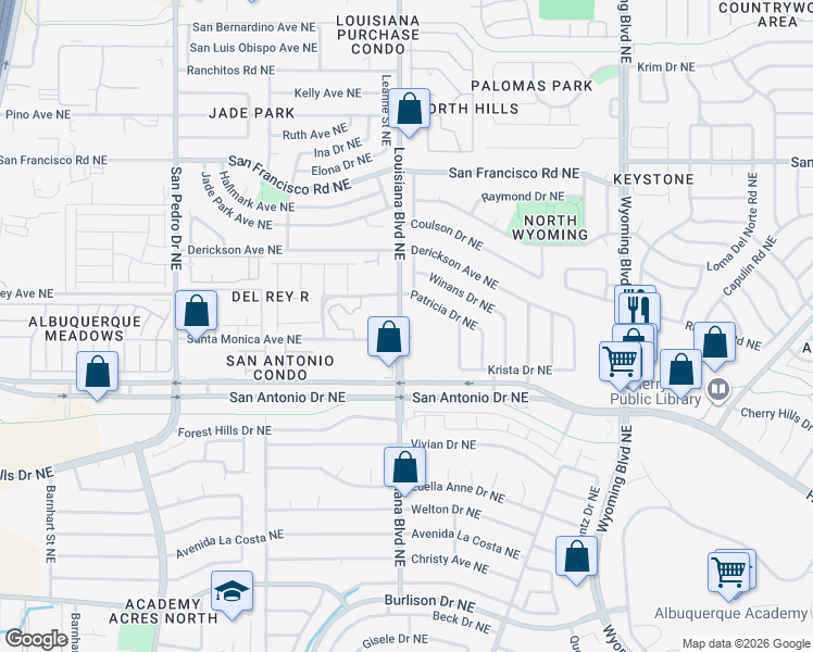 map of restaurants, bars, coffee shops, grocery stores, and more near 7100 Louisiana Boulevard Northeast in Albuquerque