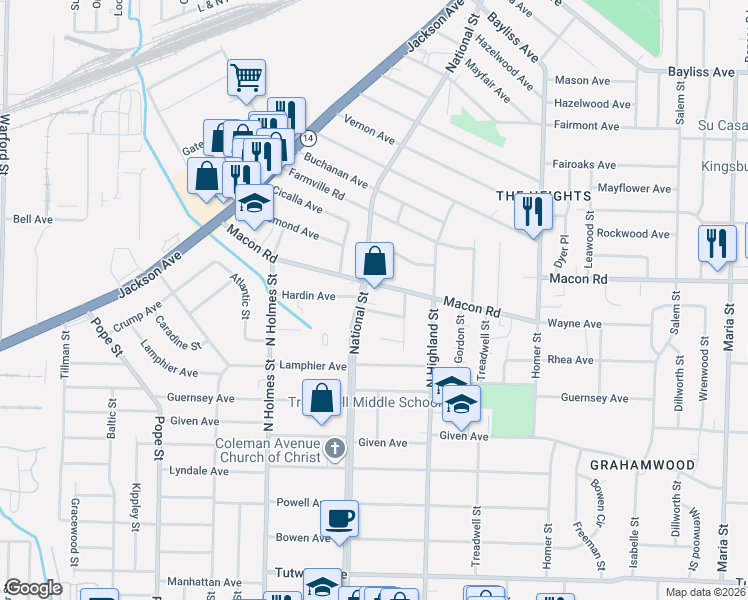 map of restaurants, bars, coffee shops, grocery stores, and more near 1088 National Street in Memphis