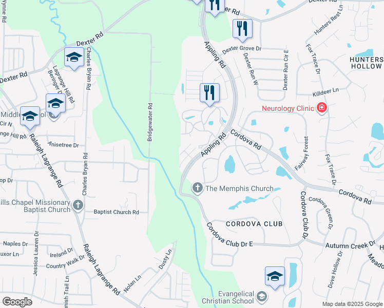 map of restaurants, bars, coffee shops, grocery stores, and more near 1355 Appling Road in Shelby County