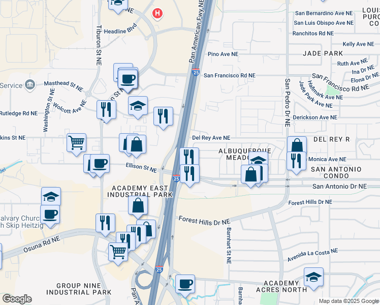 map of restaurants, bars, coffee shops, grocery stores, and more near 7112 Pan American Freeway in Albuquerque